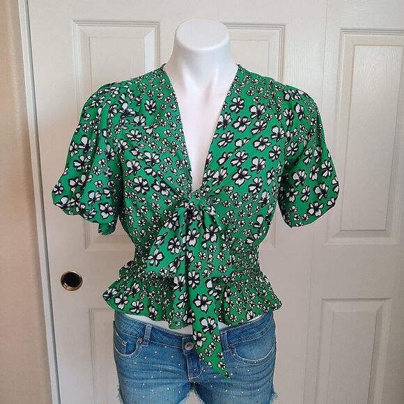 Topshop Green Tie Neck Short Sleeve Floral Top sz 2 - Picture 5 of 12